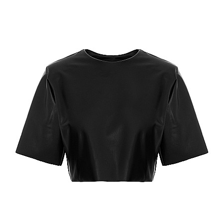 TOPURI DAMA - Top Dama Cu Maneca Scurta Si Umeri Negru Piele Eco - Dimitra