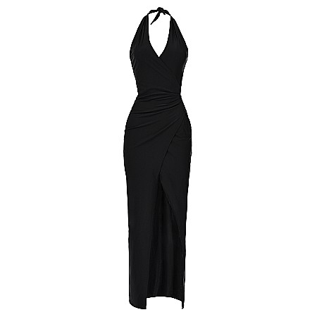 Rochie Dama Lunga Decoltata Neagra Lycra - Anya