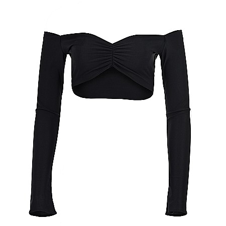 TOPURI DAMA - Top Dama Cu Umerii Goi Si Maneca Lunga Negru Lycra - Welly