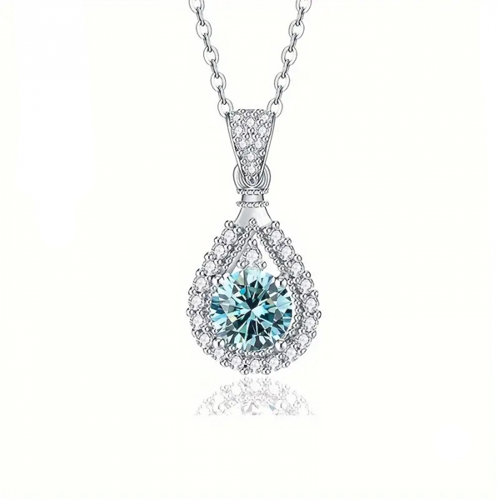 Colier din argint cu pandantiv in forma de lacrima si diamant Moissanit bleumarin de 1 karat [1]