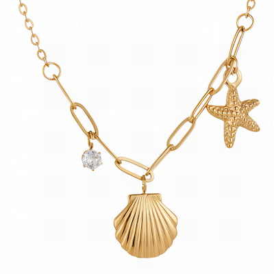 Coliere placate cu aur 18K - colier-stea-scoica-cristal-zirconia-placat-aur-18k-otel-inoxidabil-waterproof-nobelini