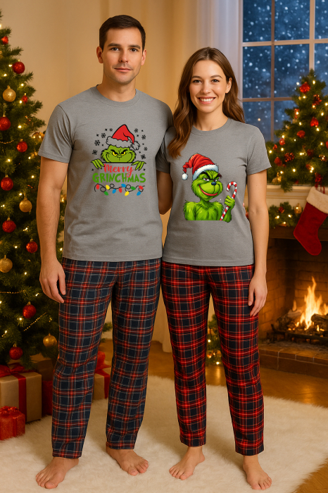 Set Craciun in doi Grinch – tricou si pantaloni pijamale, bumbac, tematica sarbatori si Craciun [1]