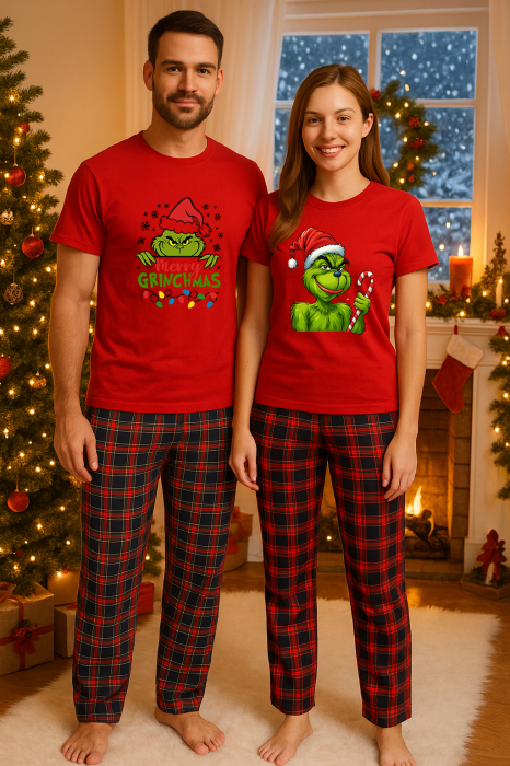 Set Craciun in doi Grinch – tricou si pantaloni pijamale, bumbac, tematica sarbatori si Craciun [1]