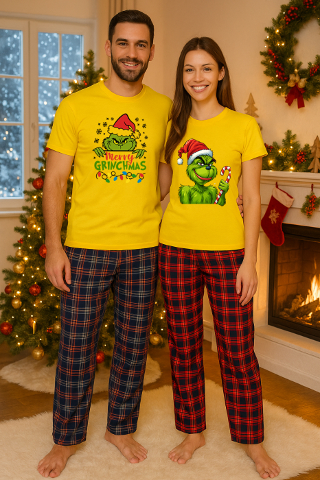 Set Craciun in doi Grinch – tricou si pantaloni pijamale, bumbac, tematica sarbatori si Craciun [1]