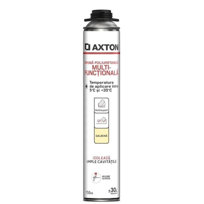 Spumă poliuretanică Axton, galbenă, 750 ml, pentru izolație termică și fonică, aplicare cu pistol [1]
