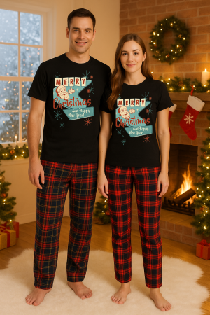 Set pijamale cupluri - Set Craciun in doi – tricou si pantaloni pijamale, bumbac, tematica sarbatori si Craciun