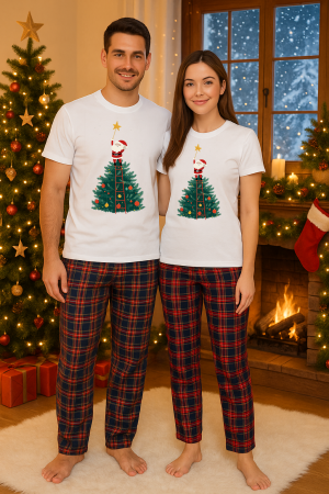 Set pijamale cupluri - Set Craciun in doi – tricou si pantaloni pijamale, bumbac, tematica sarbatori si Craciun