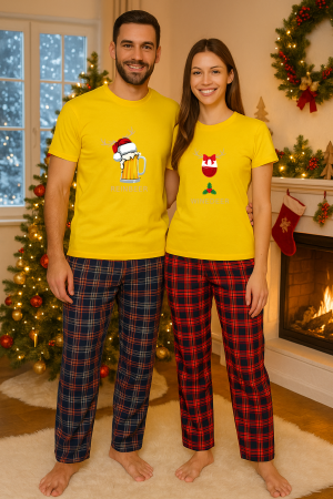 Set pijamale cuplu - Set Craciun in doi – tricou si pantaloni pijamale, bumbac, tematica sarbatori si Craciun