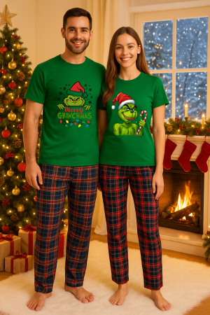 Set pijamale cupluri - Set Craciun in doi Grinch – tricou si pantaloni pijamale, bumbac, tematica sarbatori si Craciun