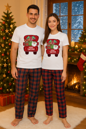 Set pijamale cupluri - Set Craciun in doi – tricou si pantaloni pijamale, bumbac, tematica sarbatori si Craciun