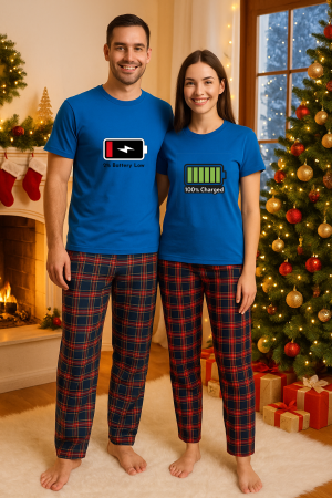 Set pijamale cuplu - Set Craciun in doi – tricou si pantaloni pijamale, bumbac, tematica sarbatori si Craciun