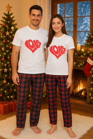 Set pijamale cupluri - Set Craciun in doi – tricou si pantaloni pijamale, bumbac, tematica sarbatori si Craciun