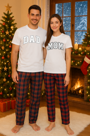 Set pijamale cupluri - Set Craciun in doi – tricou si pantaloni pijamale, bumbac, tematica sarbatori si Craciun