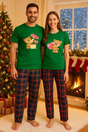 Set pijamale cupluri - Set Craciun in doi – tricou si pantaloni pijamale, bumbac, tematica sarbatori si Craciun