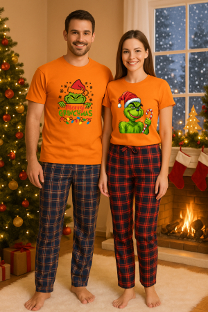 Set pijamale cupluri - Set Craciun in doi Grinch – tricou si pantaloni pijamale, bumbac, tematica sarbatori si Craciun