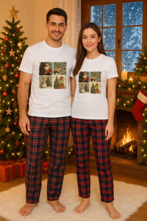 Set pijamale cupluri - Set Craciun in doi – tricou si pantaloni pijamale, bumbac, tematica sarbatori si Craciun