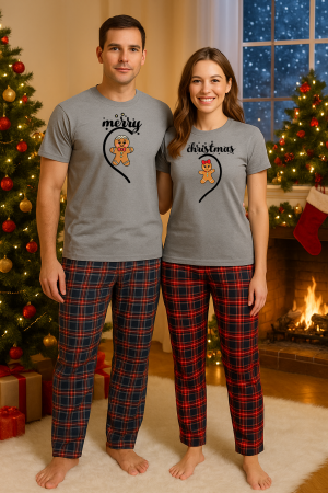 Set pijamale cupluri - Set Craciun in doi – tricou si pantaloni pijamale, bumbac, tematica sarbatori si Craciun