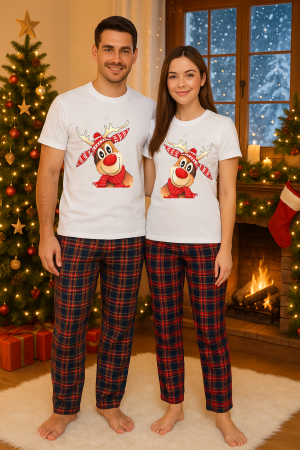 Set pijamale cuplu - Set Craciun in doi – tricou si pantaloni pijamale, bumbac, tematica sarbatori si Craciun