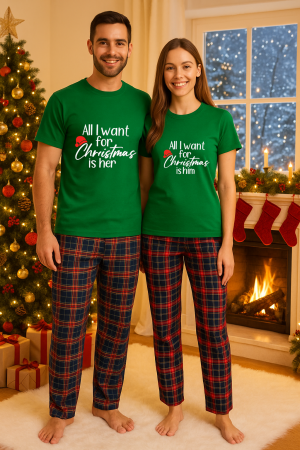 Set pijamale cupluri - Set Craciun in doi – tricou si pantaloni pijamale, bumbac, tematica sarbatori si Craciun