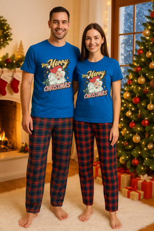 Set pijamale cuplu - Set Craciun in doi – tricou si pantaloni pijamale, bumbac, tematica sarbatori si Craciun