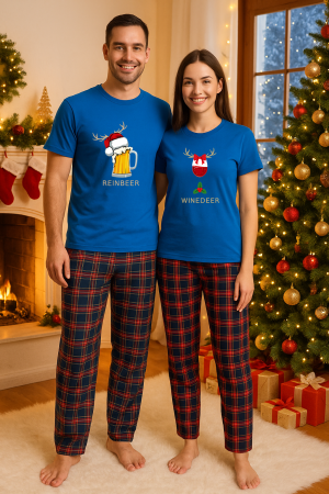 Set pijamale cupluri - Set Craciun in doi – tricou si pantaloni pijamale, bumbac, tematica sarbatori si Craciun