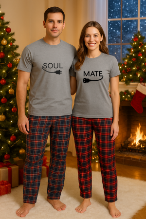 Set pijamale cuplu - Set Craciun in doi – tricou si pantaloni pijamale, bumbac, tematica sarbatori si Craciun