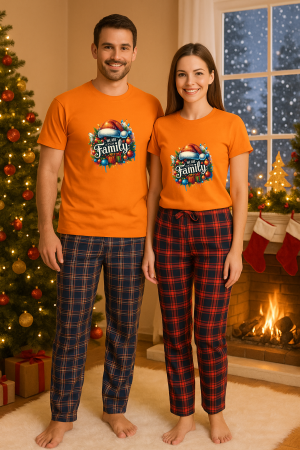 Set pijamale cuplu - Set Craciun in doi – tricou si pantaloni pijamale, bumbac, tematica sarbatori si Craciun