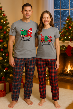 Set pijamale cupluri - Set Craciun in doi – tricou si pantaloni pijamale, bumbac, tematica sarbatori si Craciun