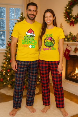 Set pijamale cuplu - Set Craciun in doi – Grinch tricou si pantaloni pijamale, bumbac, tematica sarbatori si Craciun