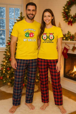 Set pijamale cuplu - Set Craciun in doi – tricou si pantaloni pijamale, bumbac, tematica sarbatori si Craciun