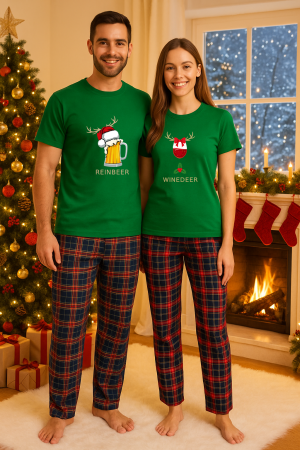 Pijamale - Set Craciun in doi – tricou si pantaloni pijamale, bumbac, tematica sarbatori si Craciun