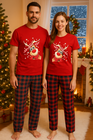 Set pijamale cupluri - Set Craciun in doi – tricou si pantaloni pijamale, bumbac, tematica sarbatori si Craciun