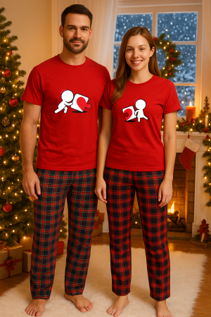 Set pijamale cupluri - Set Craciun in doi – tricou si pantaloni pijamale, bumbac, tematica sarbatori si Craciun