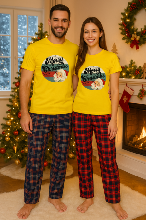 Set pijamale cuplu - Set Craciun in doi – tricou si pantaloni pijamale, bumbac, tematica sarbatori si Craciun
