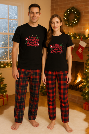 Set pijamale cupluri - Set Craciun in doi – tricou si pantaloni pijamale, bumbac, tematica sarbatori si Craciun