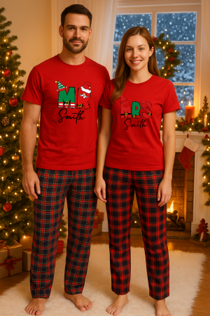 Set pijamale cuplu - Set Craciun in doi – tricou si pantaloni pijamale, bumbac, tematica sarbatori si Craciun