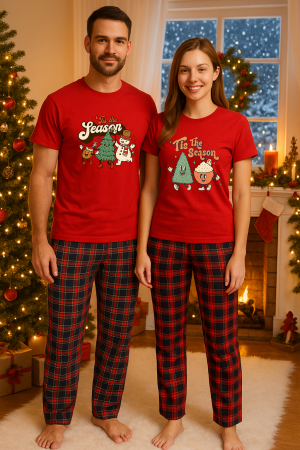 Set pijamale cupluri - Set Craciun in doi – tricou si pantaloni pijamale, bumbac, tematica sarbatori si Craciun