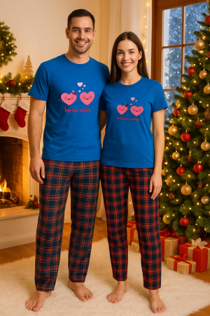 Set pijamale cuplu - Set Craciun in doi – tricou si pantaloni pijamale, bumbac, tematica sarbatori si Craciun