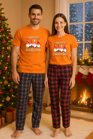 Set pijamale cuplu - Set Craciun in doi – tricou si pantaloni pijamale, bumbac, tematica sarbatori si Craciun