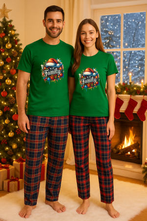 Set pijamale cupluri - Set Craciun in doi – tricou si pantaloni pijamale, bumbac, tematica sarbatori si Craciun