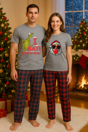 Set pijamale cupluri - Set Craciun in doi – tricou si pantaloni pijamale, bumbac, tematica sarbatori si Craciun