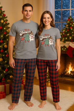 Set pijamale cupluri - Set Craciun in doi – tricou si pantaloni pijamale, bumbac, tematica sarbatori si Craciun