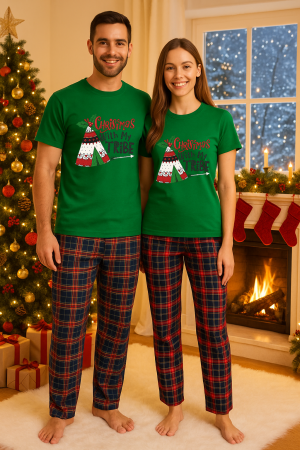 Set pijamale cupluri - Set Craciun in doi – tricou si pantaloni pijamale, bumbac, tematica sarbatori si Craciun