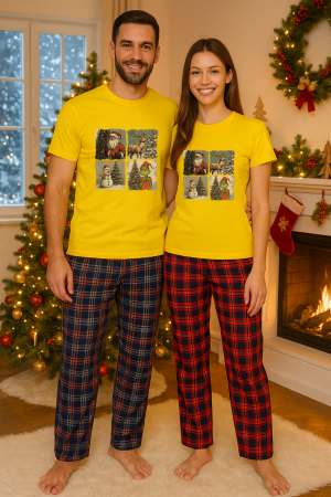 Set pijamale cuplu - Set Craciun in doi – tricou si pantaloni pijamale, bumbac, tematica sarbatori si Craciun