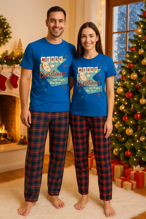 Set pijamale cupluri - Set Craciun in doi – tricou si pantaloni pijamale, bumbac, tematica sarbatori si Craciun