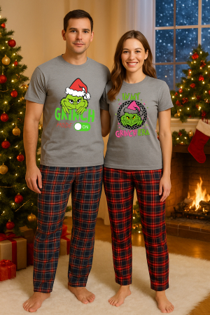 Set pijamale cupluri - Set Craciun in doi – Grinch tricou si pantaloni pijamale, bumbac, tematica sarbatori si Craciun