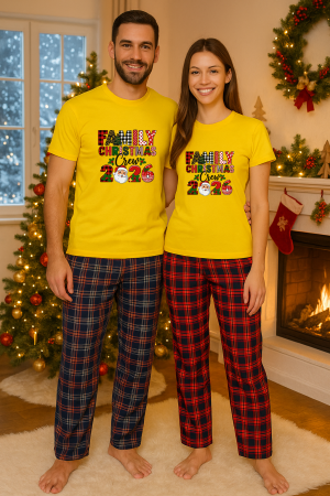 Set pijamale cuplu - Set Craciun in doi – tricou si pantaloni pijamale, bumbac, tematica sarbatori si Craciun