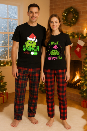 Pijamale - Set Craciun in doi – Grinch tricou si pantaloni pijamale, bumbac, tematica sarbatori si Craciun