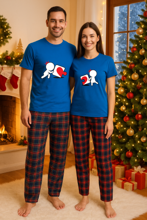 Set pijamale cupluri - Set Craciun in doi – tricou si pantaloni pijamale, bumbac, tematica sarbatori si Craciun