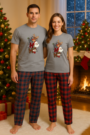 Set pijamale cupluri - Set Craciun in doi – tricou si pantaloni pijamale, bumbac, tematica sarbatori si Craciun